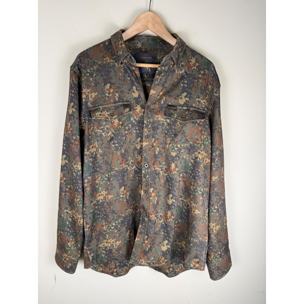Warrior Flecktarn Shirt Mens Large Camo Green Stretch Button Up Long Sleeve